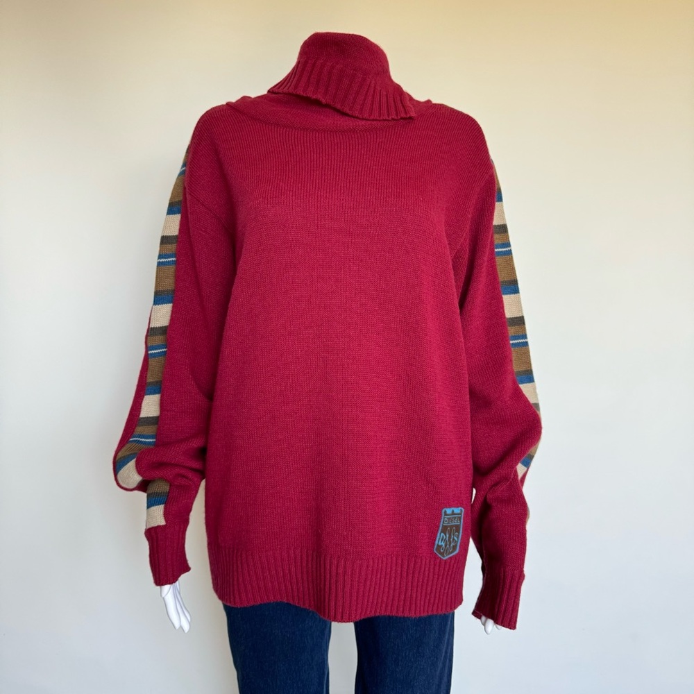 Women's Red Cowl Neck Sweater with Striped Sleeve Detail